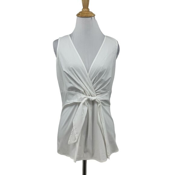 New York & Company Blouse Womens 4 White Tie Waist Surplice Sleeveless Stretch - Picture 1 of 14